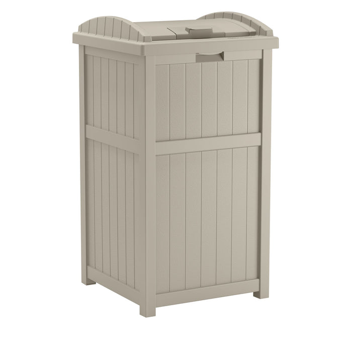 Suncast Outdoor Hideaway Trash Container for Patio, Resin Taupe, 33-Gallon