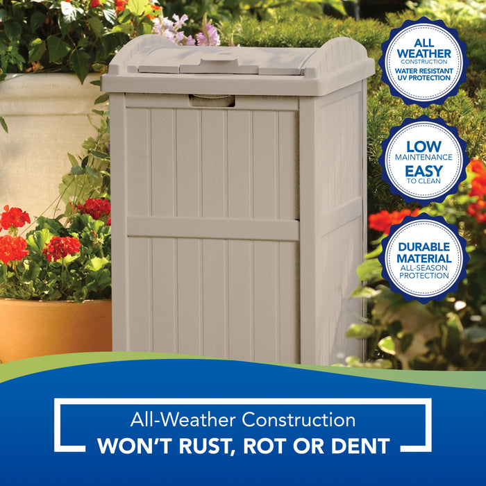 Suncast Outdoor Hideaway Trash Container for Patio, Resin Taupe, 33-Gallon