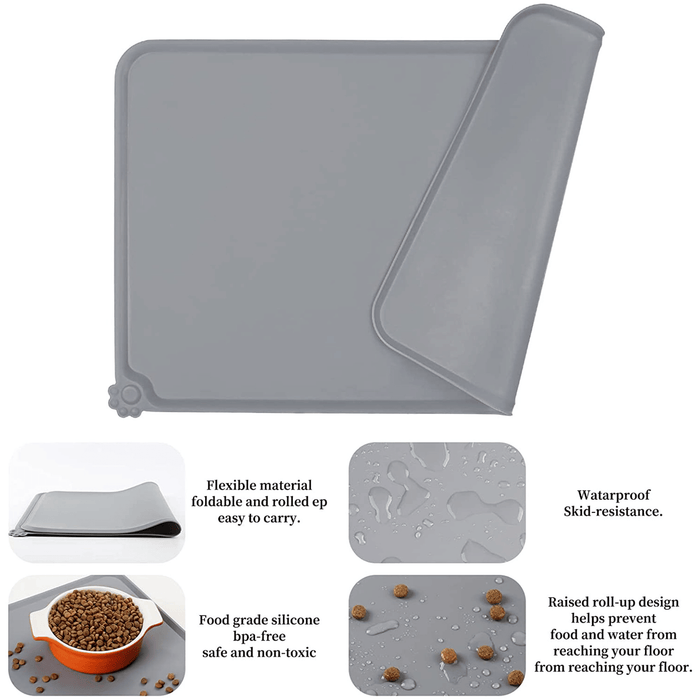 Silicone Dog Cat Bowl Mat, Non-Stick Dog Food Mat, Waterproof Pet Feeding Mat, Gray