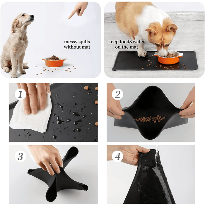 Silicone Dog Cat Bowl Mat, Non-Stick Dog Food Mat, Waterproof Pet Feeding Mat, Black (18.5" x 11.5")