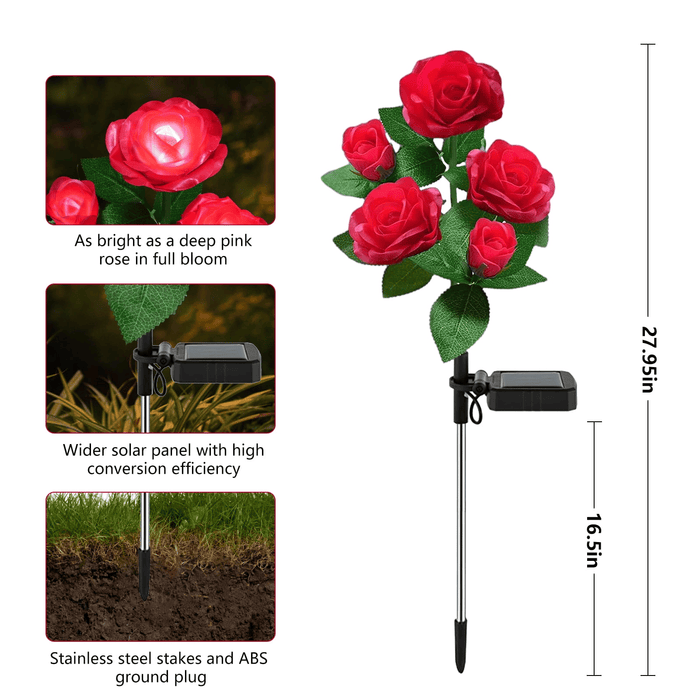 4 Pack Solar Solar Rose Flower Lights, Outdoor Solar Garden Stake Lights, Waterproof LED Solar Landscape Lights with 5 Rose Flowers for Pathway Patio Yard Decorations, Red