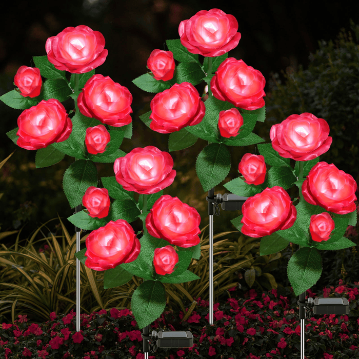 4 Pack Solar Solar Rose Flower Lights, Outdoor Solar Garden Stake Lights, Waterproof LED Solar Landscape Lights with 5 Rose Flowers for Pathway Patio Yard Decorations, Red