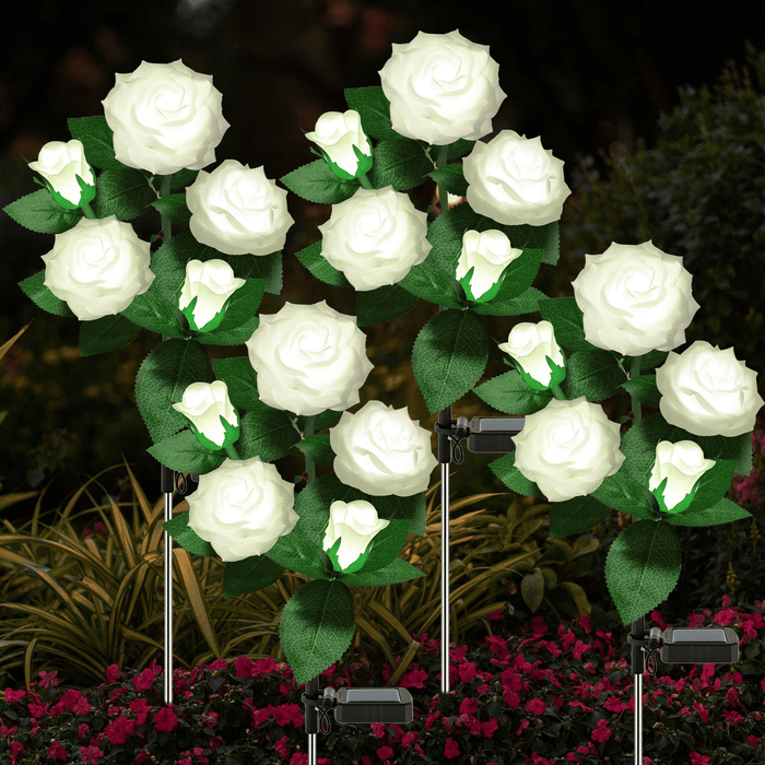 4 Pack Solar Solar Rose Flower Lights, Outdoor Solar Garden Stake Lights, Waterproof LED Solar Landscape Lights with 5 Rose Flowers for Pathway Patio Yard Decorations, White