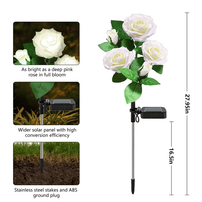 4 Pack Solar Solar Rose Flower Lights, Outdoor Solar Garden Stake Lights, Waterproof LED Solar Landscape Lights with 5 Rose Flowers for Pathway Patio Yard Decorations, White