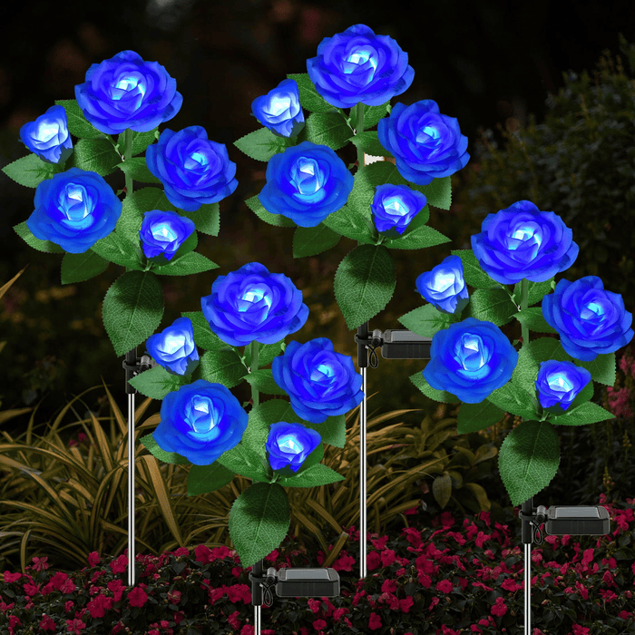 4 Pack Solar Solar Rose Flower Lights, Outdoor Solar Garden Stake Lights, Waterproof LED Solar Landscape Lights with 5 Rose Flowers for Pathway Patio Yard Decorations, Blue