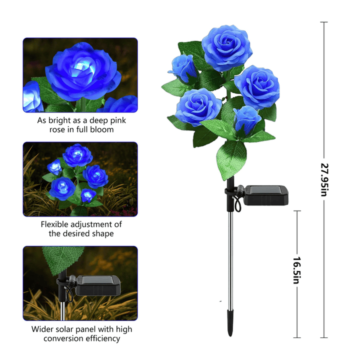 4 Pack Solar Solar Rose Flower Lights, Outdoor Solar Garden Stake Lights, Waterproof LED Solar Landscape Lights with 5 Rose Flowers for Pathway Patio Yard Decorations, Blue