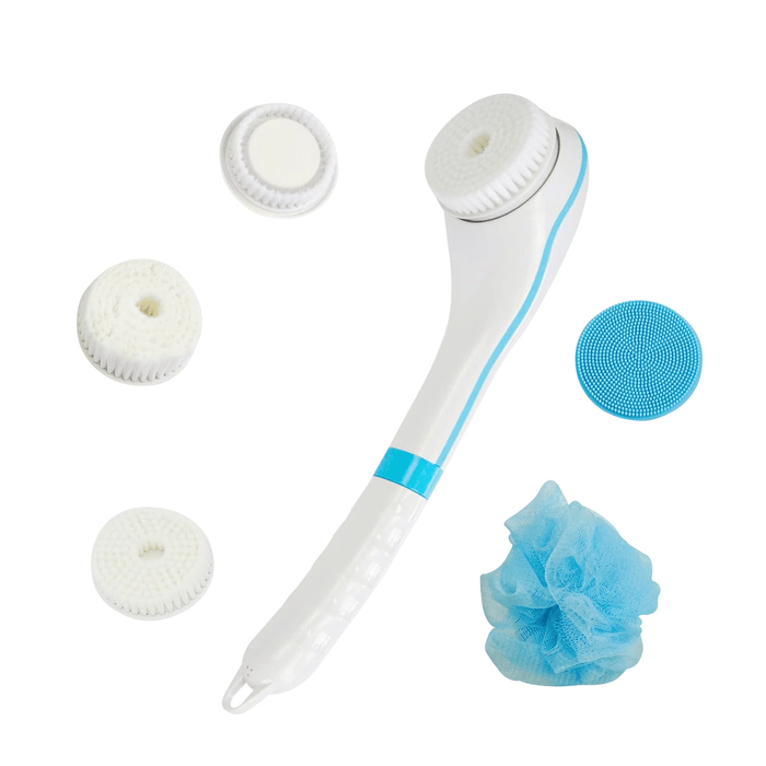 Electric Body Brush Shower, USB Rechargeable Back Body Brush with Long Handle, 5 in 1 Bath Shower Scrubber for Body Exfoliation and Massage Cleansing Set, Blue