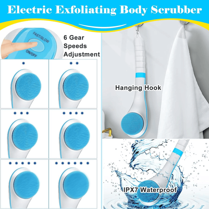 Electric Body Brush Shower, USB Rechargeable Back Body Brush with Long Handle, 5 in 1 Bath Shower Scrubber for Body Exfoliation and Massage Cleansing Set, Blue