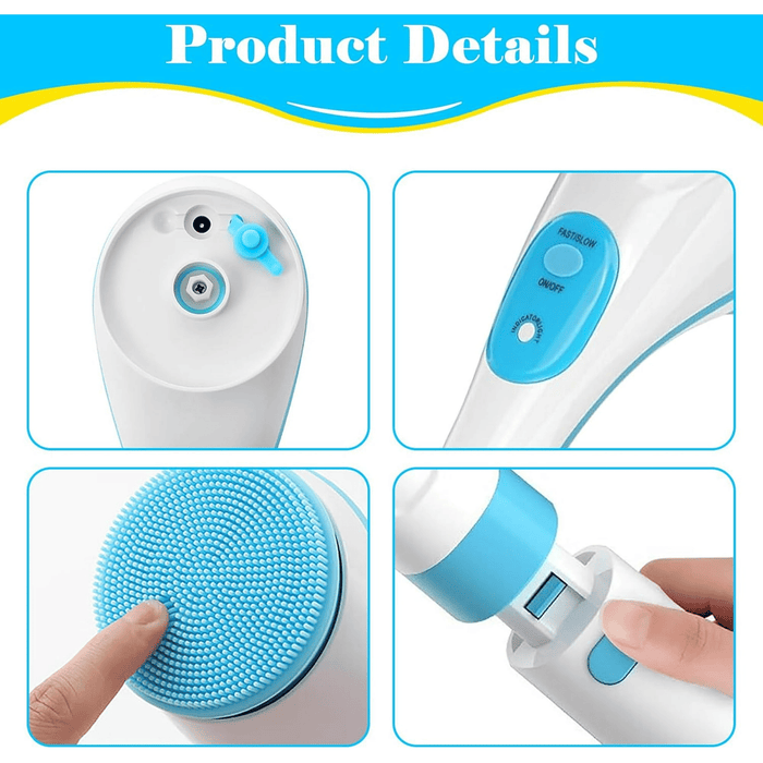 Electric Body Brush Shower, USB Rechargeable Back Body Brush with Long Handle, 5 in 1 Bath Shower Scrubber for Body Exfoliation and Massage Cleansing Set, Blue