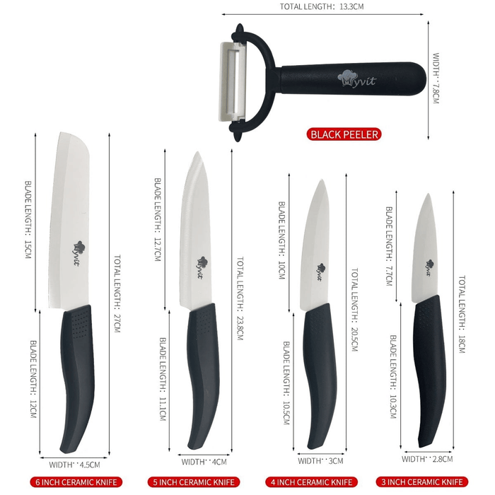 Rust Proof Ceramic Knife with Cover for Home Kitchen, 5 Piece Professional Knife Set with Chef Knife, Utility Knife, Paring Knife and Fruit Knife (Black)