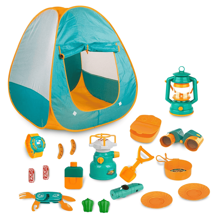 Kids Camping Set, 19 Pcs Kids Play Tent with Stove and Oil Lamp, Outdoor Toys Pretend Camping Tool Set for Boys and Girls