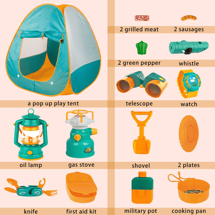 Kids Camping Set, 19 Pcs Kids Play Tent with Stove and Oil Lamp, Outdoor Toys Pretend Camping Tool Set for Boys and Girls