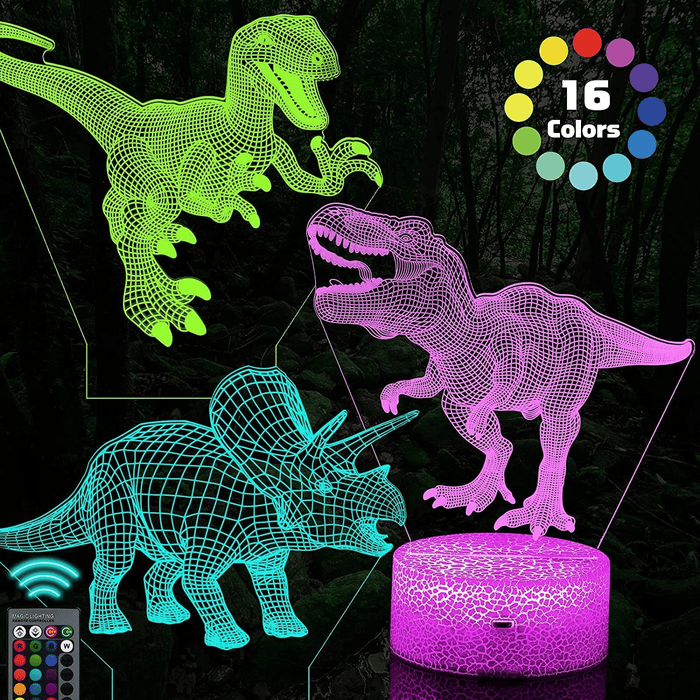 3D Illusion Table Lamp, 3 Pcs Dinosaur Night Light with Remote Control & 16 Colors Changing, LED Dinosaur Gifts for Bedroom, Boys Girls Age 3+ Year Old