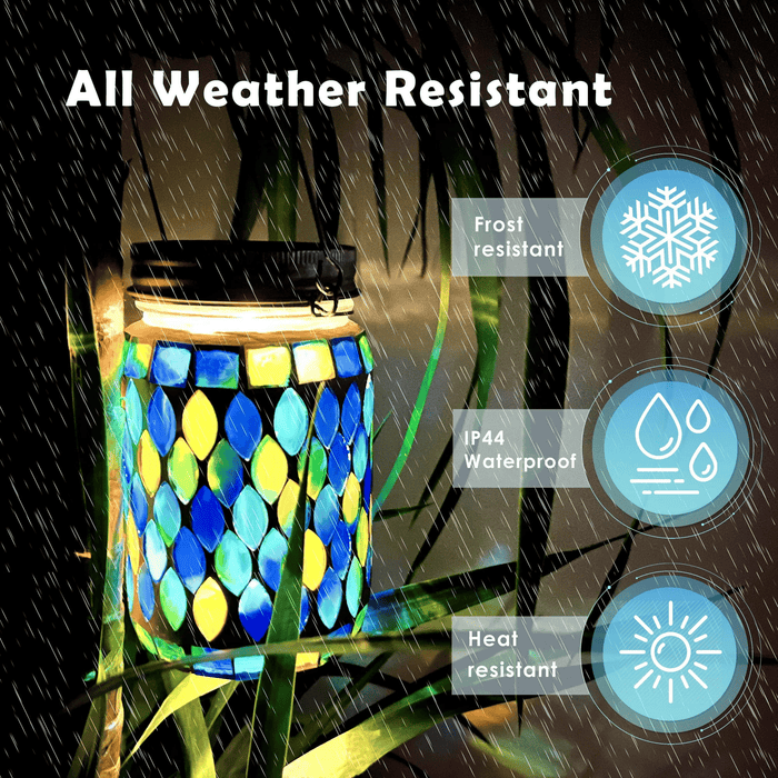 2 Pack Mosaic Solar Lantern Lights, Outdoor Solar Hanging Lights, Waterproof Mosaic Glass Lights Table Lamps for Patio Garden Yard Pathway Decoration (Blue)