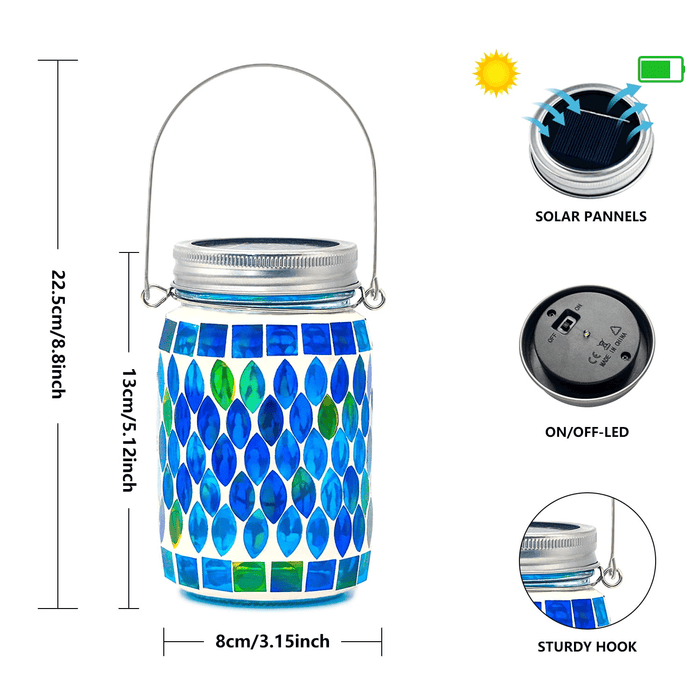 2 Pack Mosaic Solar Lantern Lights, Outdoor Solar Hanging Lights, Waterproof Mosaic Glass Lights Table Lamps for Patio Garden Yard Pathway Decoration (Blue)