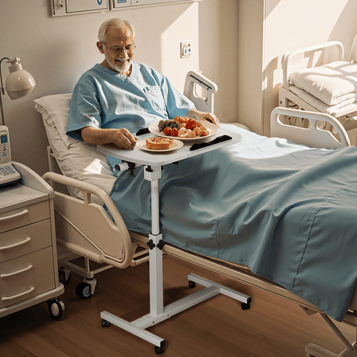 Kekoy Overbed Table Hospital Table with Wheels Adjustable Height, Rolling Laptop Side Tilt Tables Adjustable Over the bed for Hospital and Home Use, White