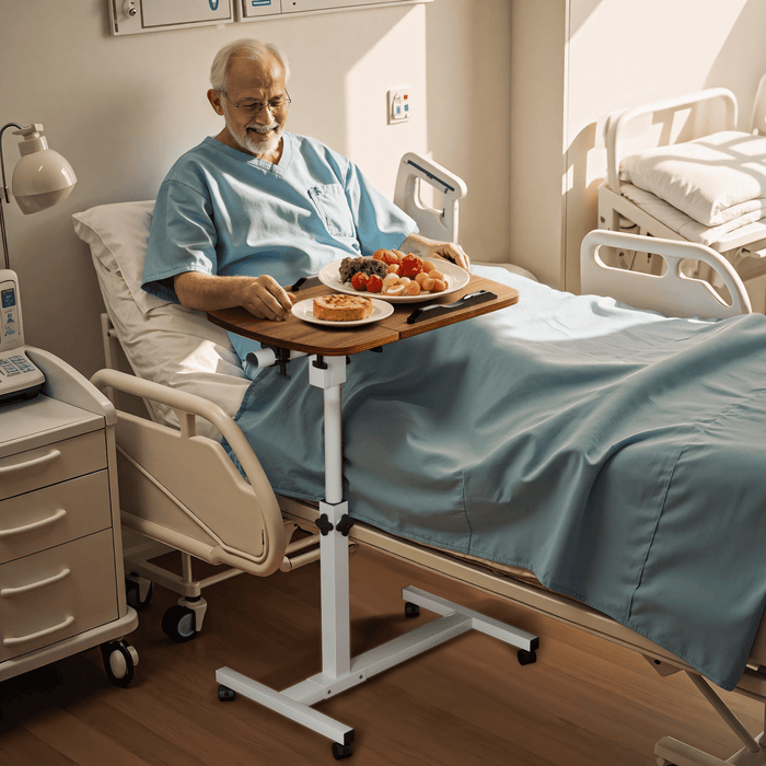 Kekoy Adjustable Overbed Bedside Table with Wheels, Rolling Laptop Side Tilt Table with Adjustable Height for Hospital and Home Use, Walnut Brown