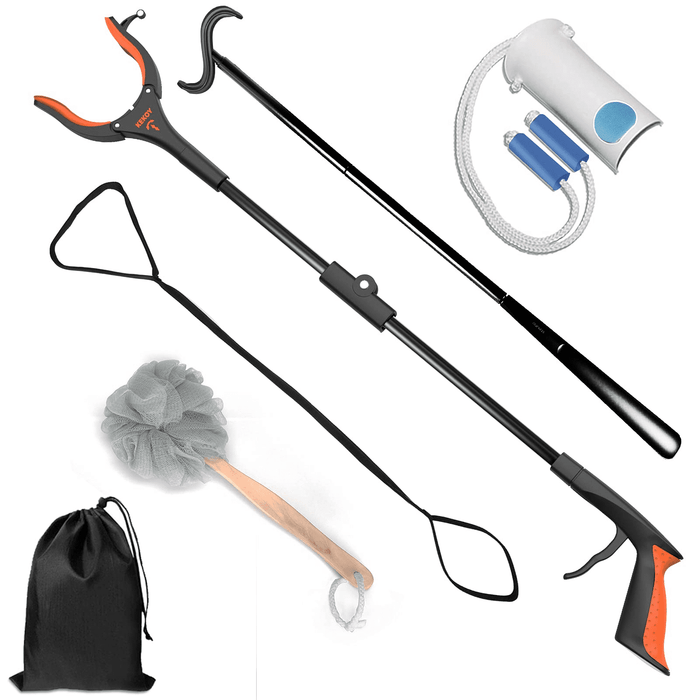 Kekoy 6-Piece Hip Knee Replacement Kit with 32" Rotating Grabber Reacher Tool, Slick Sock Aid, Long Shoe Horn & Dressing Stick, Leg Lifter, Bath Sponge, Storage Bag, Back or Knee Surgery Recovery