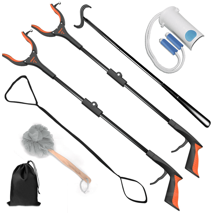 Kekoy 8 in 1 Hip Knee Replacement Kit with 2 Pack 32" Reacher Grabber Tool, Sock Aid, Long Shoe Horn & Dressing Stick, 48" Leg Lifter, Bath Sponge, Storage Bag, Ideal for Back or Knee Surgery Recovery