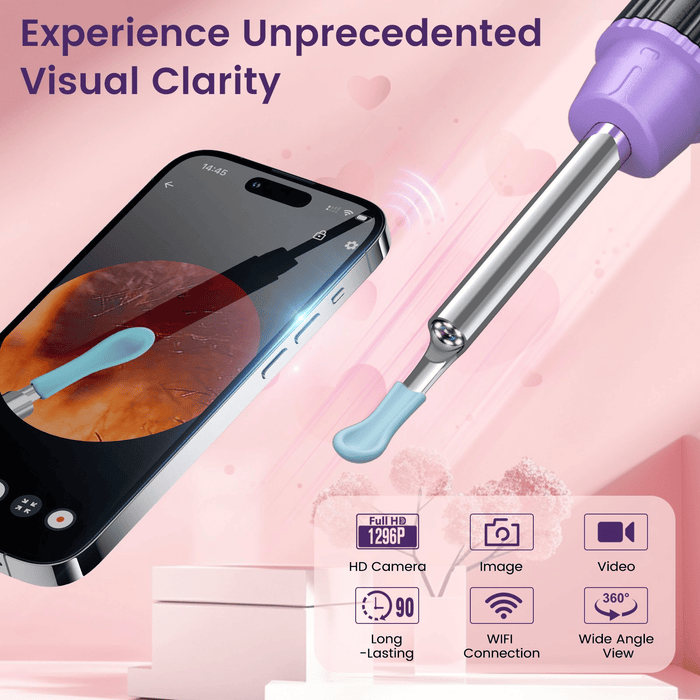 KEKOY Ear Wax Removal Tool, Ear Cleaner with Camera, Gift for Mom Ear Cleaning Kit 1296P HD Ear Scope, 6 LED Lights and 6 Ear Picks, Earwax Removal with Otoscope for iOS and Android, Purple