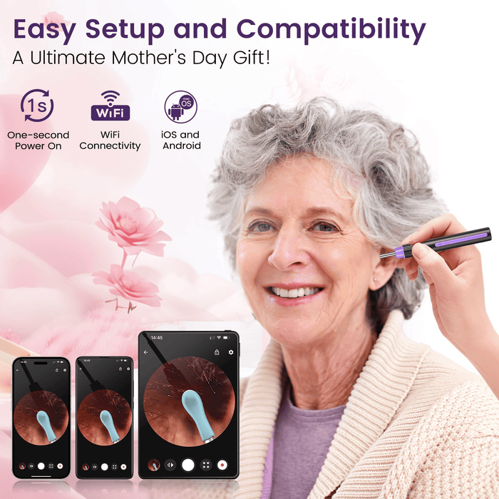 KEKOY Ear Wax Removal Tool, Ear Cleaner with Camera, Gift for Mom Ear Cleaning Kit 1296P HD Ear Scope, 6 LED Lights and 6 Ear Picks, Earwax Removal with Otoscope for iOS and Android, Purple