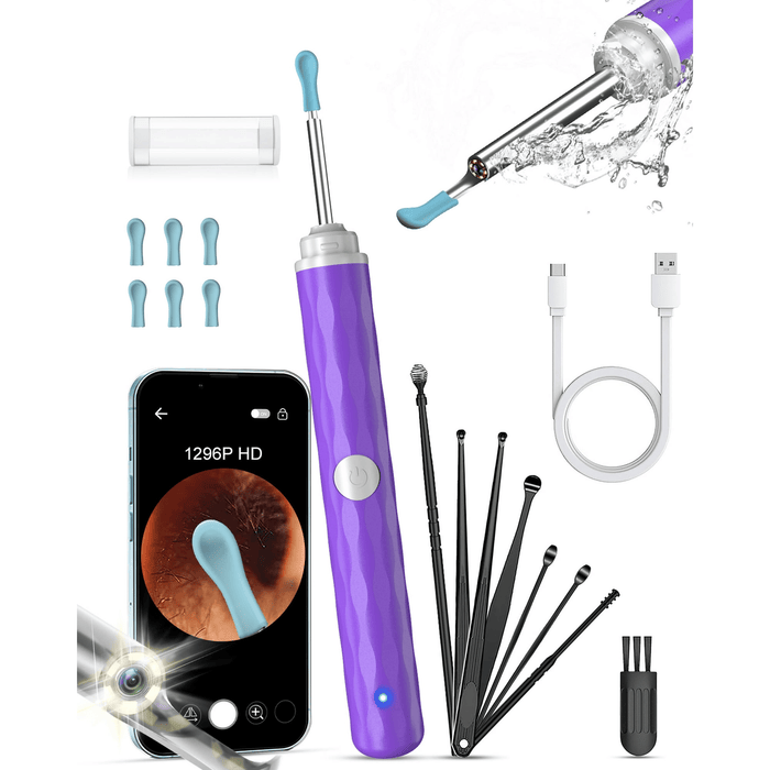 KEKOY Ear Cleaner with Camera, Wireless Otoscope Ear Camera and Wax Remover with 14 Pieces Accessories, 1296P Ear Wax Removal Kit with Light, Ear Camera for iPhone, iPad, Android Phones, Purple