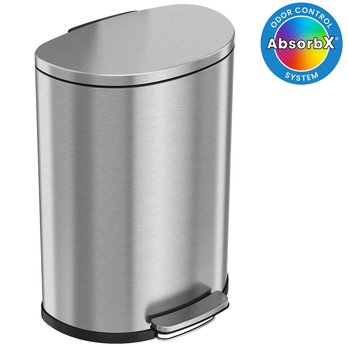 iTouchless SoftStep 13.2 Gallon Semi-Round Stainless Steel Step Trash Can with Odor Control System, 50 Liter Pedal Garbage Bin for Kitchen, Office, Home - Silent and Gentle Open and Close