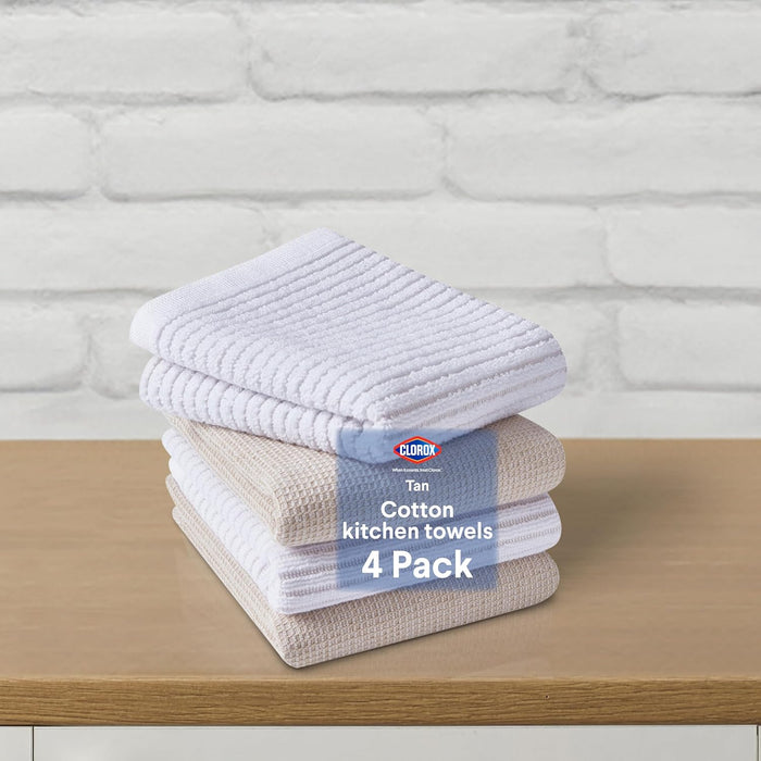 CLOROX Kitchen Towel Set - 100% Cotton Quick Dry Absorbent Multipurpose Beautiful Towels - 15" x 25" - Beige Tan 4 Pack