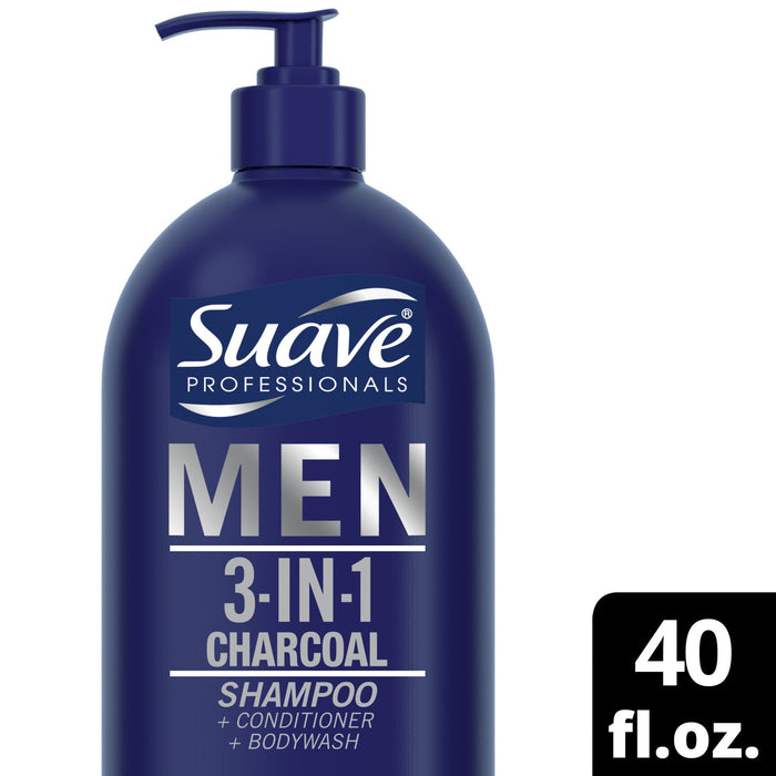 Suave Professionals 3-in-1 Shampoo; Conditioner & Body Wash for Men with Charcoal; 40 fl oz