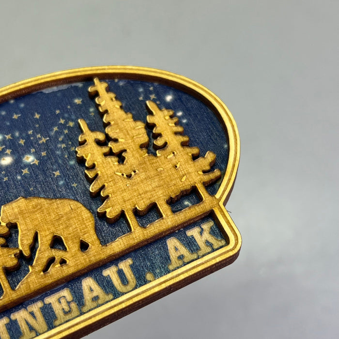 (2 PACK) Bear Starry Night Lasered Wood Magnet Souvenir JUNEAU, AK Made In USA