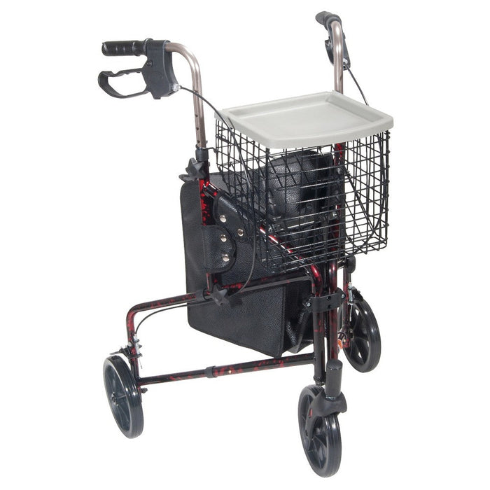 Drive Medical 3 Wheel Walker Rollator With Basket Tray And Pouch, Flame Red