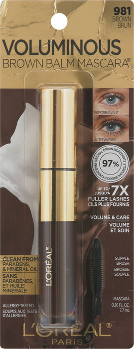 L'Oreal Paris Voluminous Brown Balm Volumizing Vegan Mascara, Brown, 0.26 fl oz