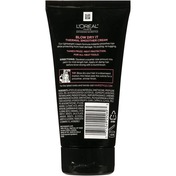 L'Oreal Paris Blow Dry It Heat Thermal Smoother Cream Tames Frizz Heat protection, 5.1 fl oz