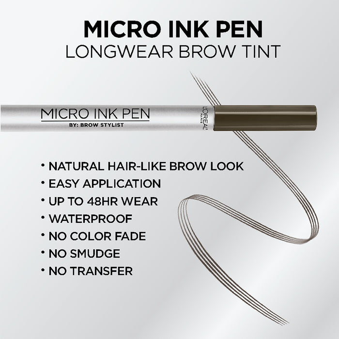 L'Oreal Paris Brow Stylist Micro Ink Pen Up to 48HR Wear, Dark Brunette, 0.033 fl oz