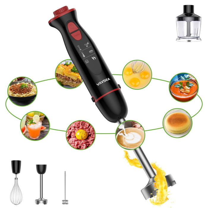 Vavsea Immersion Hand Blender, 12-Speed Multi-Function Handheld Stick Blender with Stainless Steel Blades, Chopper, Beaker, 600, Whisk and Milk Frother for Baby Food/Smoothies/Puree, BPA Free