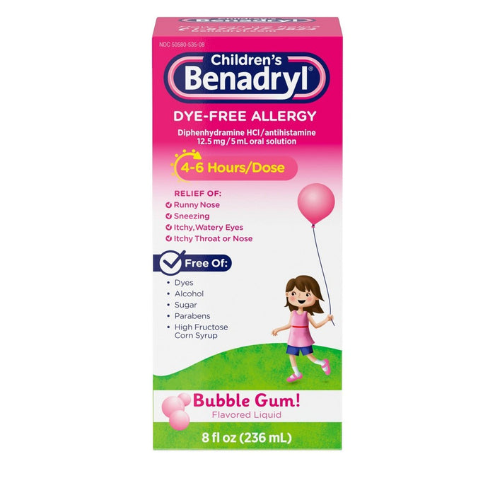 Benadryl Children's Liquid  Dye- Free,Bubble Gum! Flavored  Allergy 8 Fl Oz