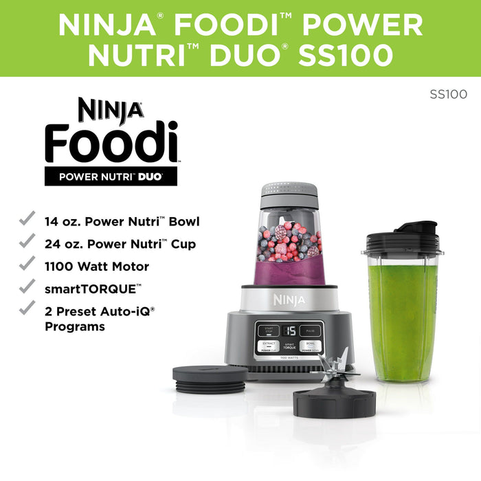 Ninja Foodi Smoothie Bowl Maker and Nutrient Extractor Blender 1100W Auto-iQ with 24-oz. Nutrient Extraction Cup SS100