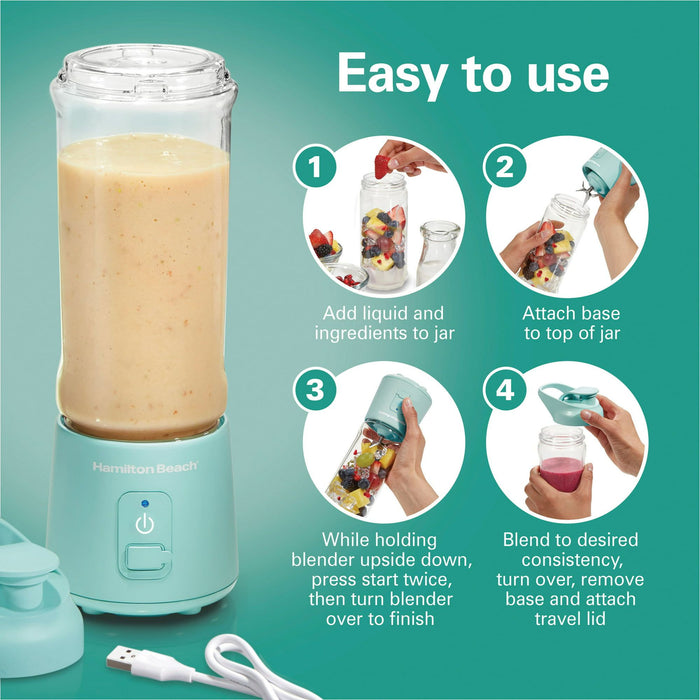 Hamilton Beach Blend Now Portable Cordless Blender USB rechargeable 16 oz jar with travel lid aqua 51182