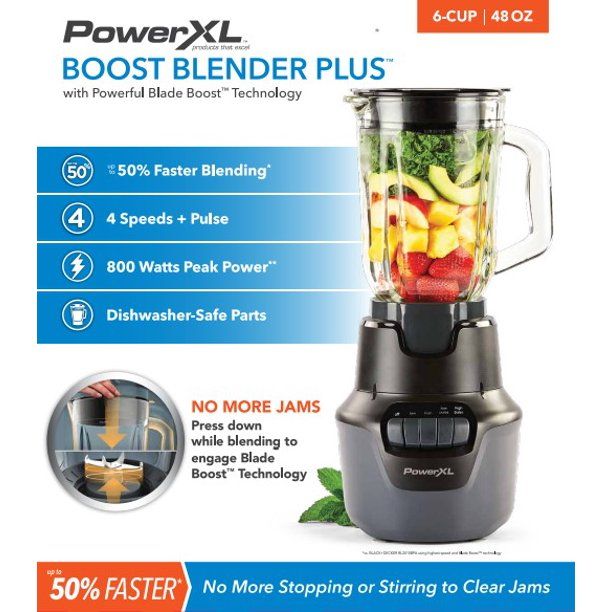 PowerXL Boost Blender Plus 4 Speed 800 Watts 48-oz Glass Jar Black