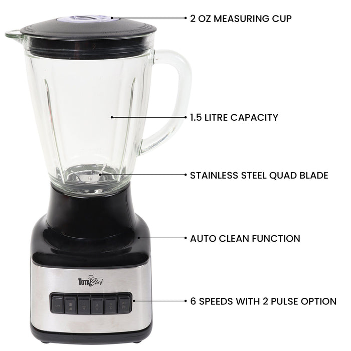 Total Chef 6 Speed Countertop Blender 51 oz Glass Jar 2 Pulse Options 500 W, Stainless Steel Blades, Auto Clean Function Puree Crush Blend For Smoothies Shakes Dips Black and Silver