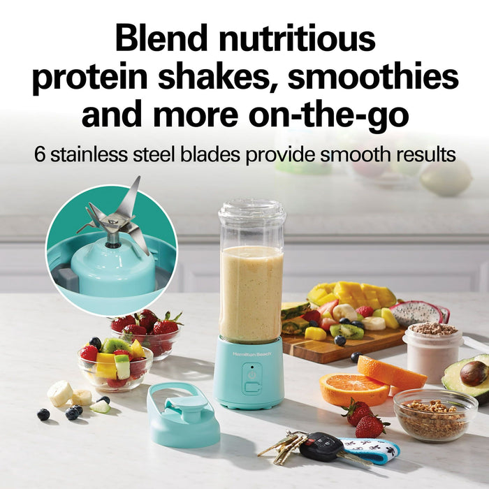 Hamilton Beach Blend Now Portable Cordless Blender USB rechargeable 16 oz jar with travel lid aqua 51182