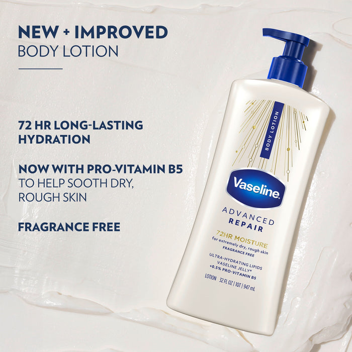 Vaseline Intensive Care Body Lotion for Dry Skin Advanced Repair Unscented Lotion Made with Ultra-Hydrating Lipids + Vaseline Jelly to Repair Extremely Dry Skin, 32 fl oz