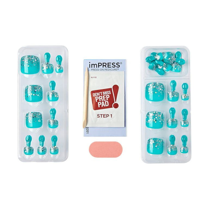 KISS imPRESS Press-On Gel Toenails, Glossy Sparkly Green, 24 Pieces