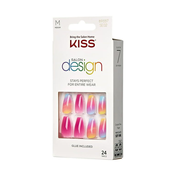 KISS Salon Design Short Coffin Glue-On Nails, Glossy Light Multicolored, 'The Motto', 24 Ct.