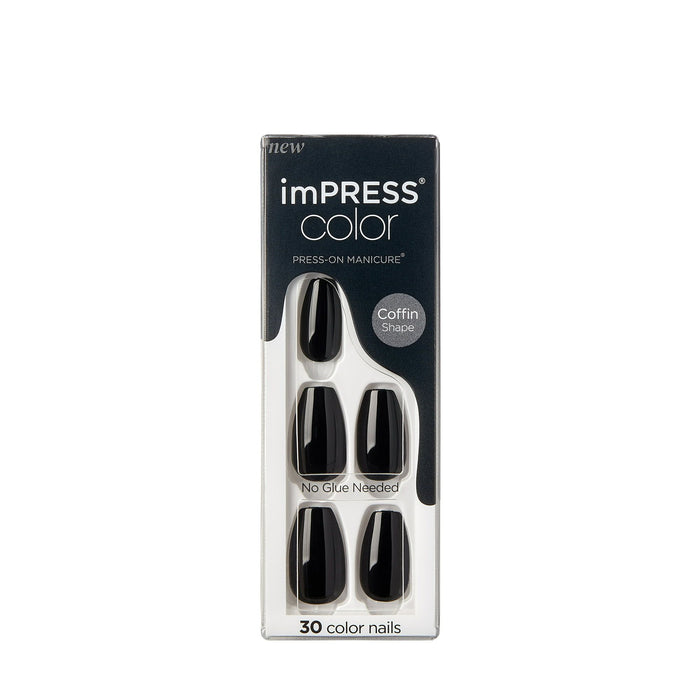 KISS imPRESS Color Medium Coffin Press-On Nails, 'All Black', 30 Count