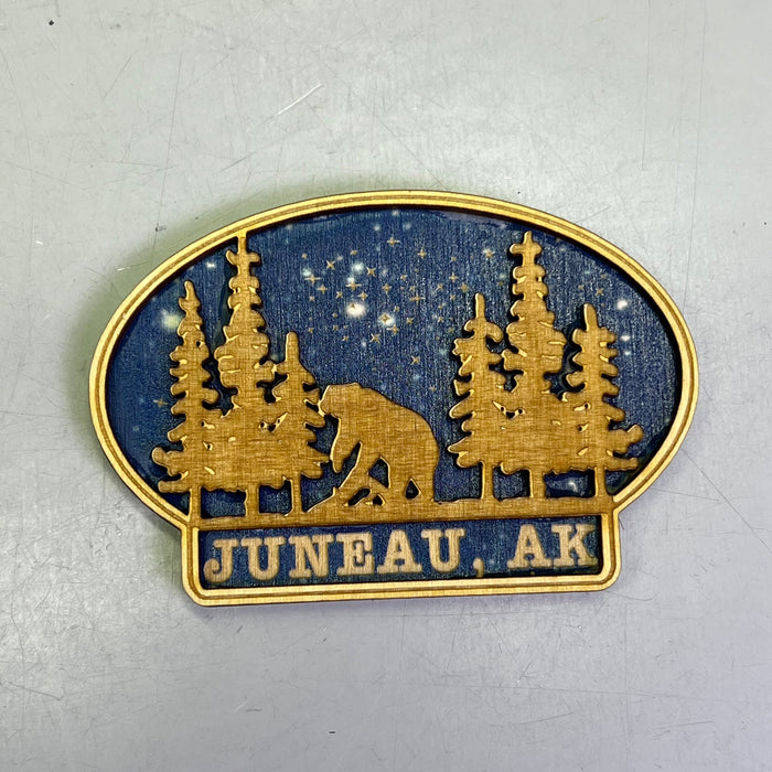 (2 PACK) Bear Starry Night Lasered Wood Magnet Souvenir JUNEAU, AK Made In USA