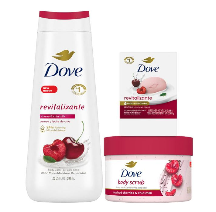 Dove Revitalizing Cherry Collection Gift Set – Cherry & Chia Milk Body Wash, Exfoliating Body Polish + Soap Bar (3 Piece Set)