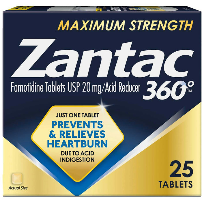 Zantac 360 Max Strength Acid Reducer 20mg – Heartburn Relief, 25 Tablets