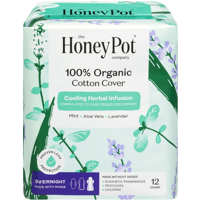 The Honey Pot Company 100% Organic Cotton Cover Cooling Herbal Infusion Overnight Pads With Wings