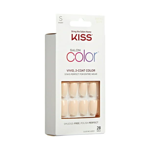 KISS Salon Color Short Square Fake Nails, Glossy Solid White, 28 Count